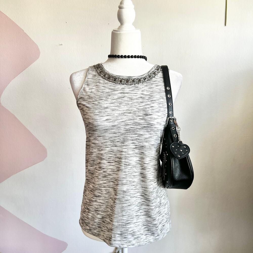 Gray Beaded Neckline Top,‎ Y2K, Boho, Indie, Coquette, Festival, Retro, Small